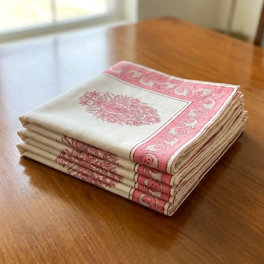 Blush Pink & Ivory Table Linen Set – 13 Pieces | Hand Block Printed Cotton | Runner, Placemats & Napkins by House Of Avana