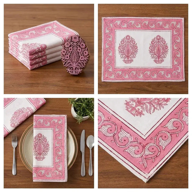 Blush Pink & Ivory Table Linen Set – 13 Pieces | Hand Block Printed Cotton | Runner, Placemats & Napkins by House Of Avana