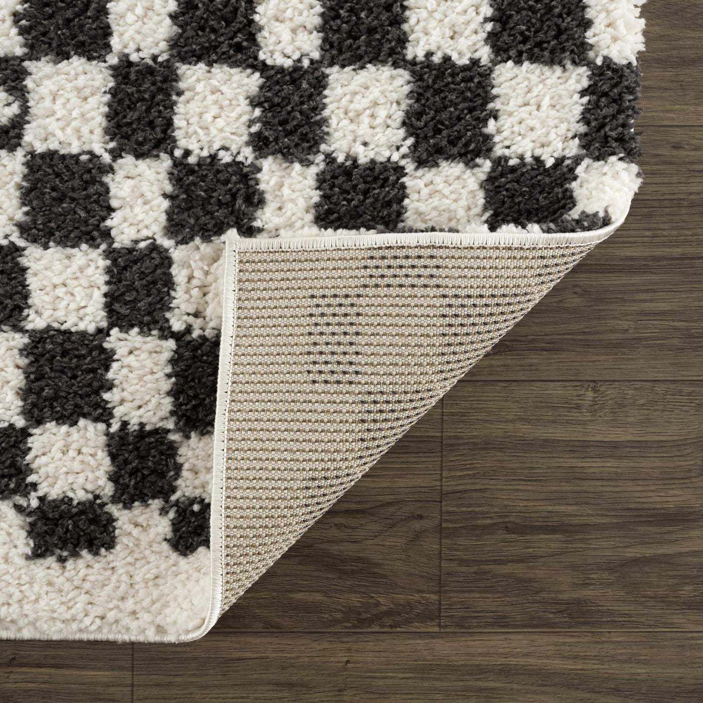 Kieu Black & White Checkered Shag Rug by Boutique Rugs