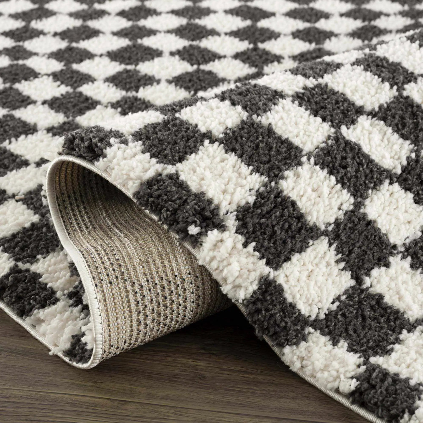 Kieu Black & White Checkered Shag Rug by Boutique Rugs