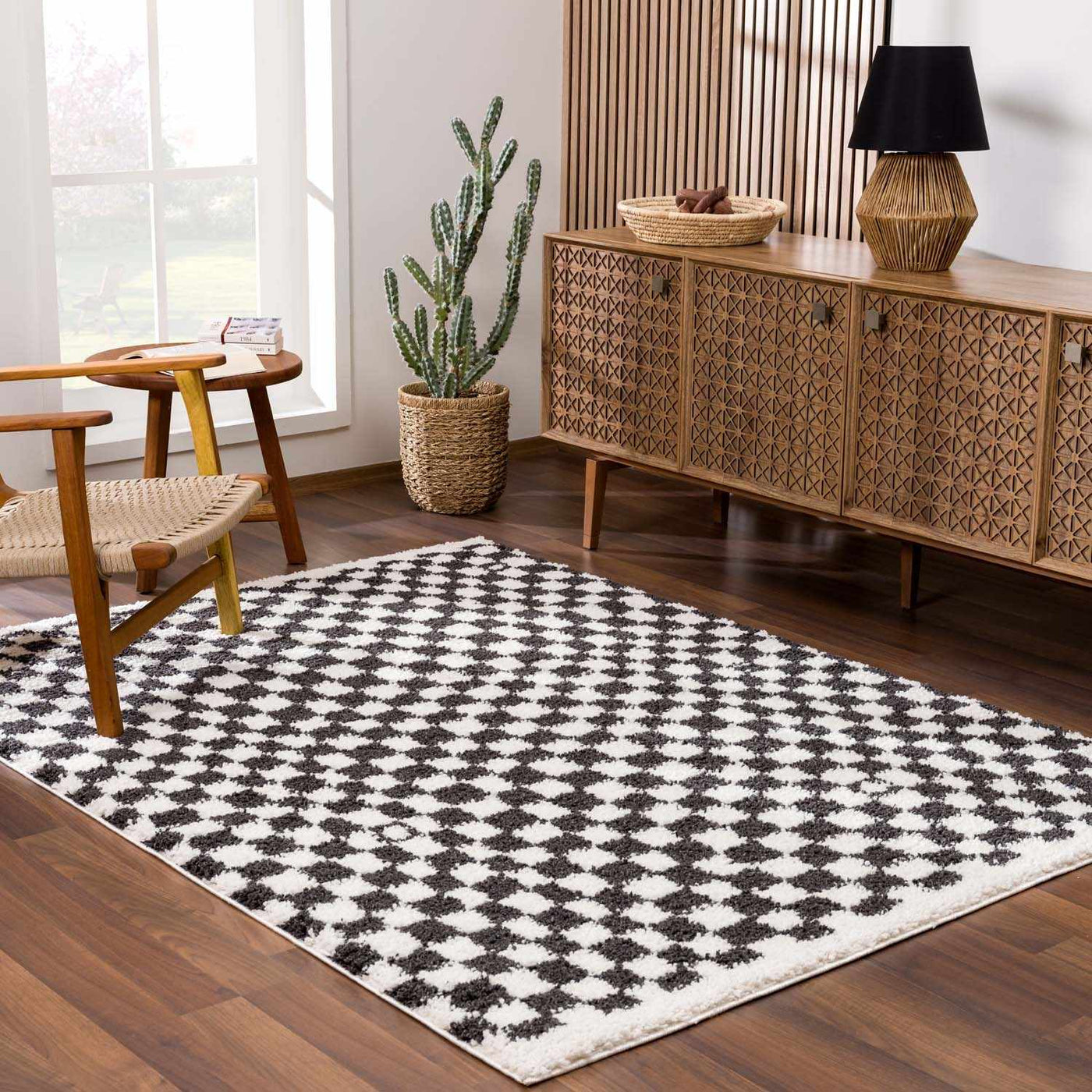 Kieu Black & White Checkered Shag Rug by Boutique Rugs