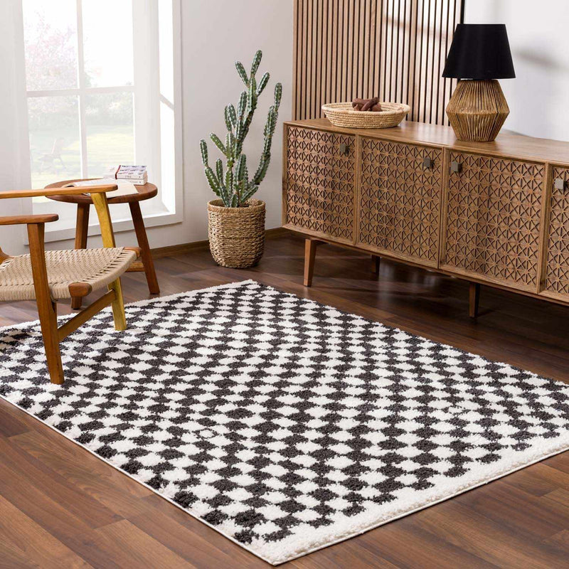 Kieu Black & White Checkered Shag Rug by Boutique Rugs