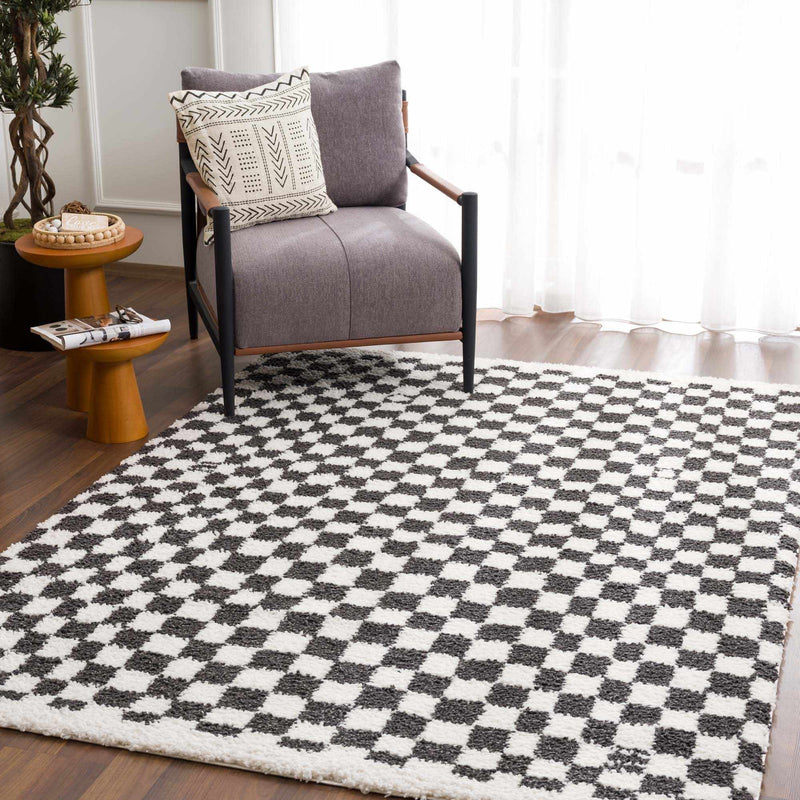 Kieu Black & White Checkered Shag Rug by Boutique Rugs
