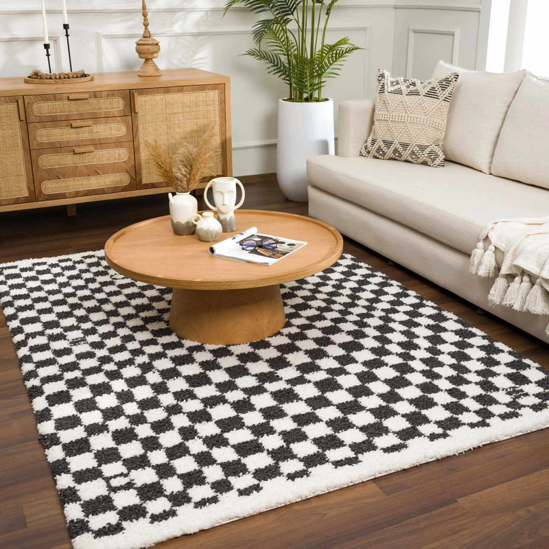 Kieu Black & White Checkered Shag Rug by Boutique Rugs