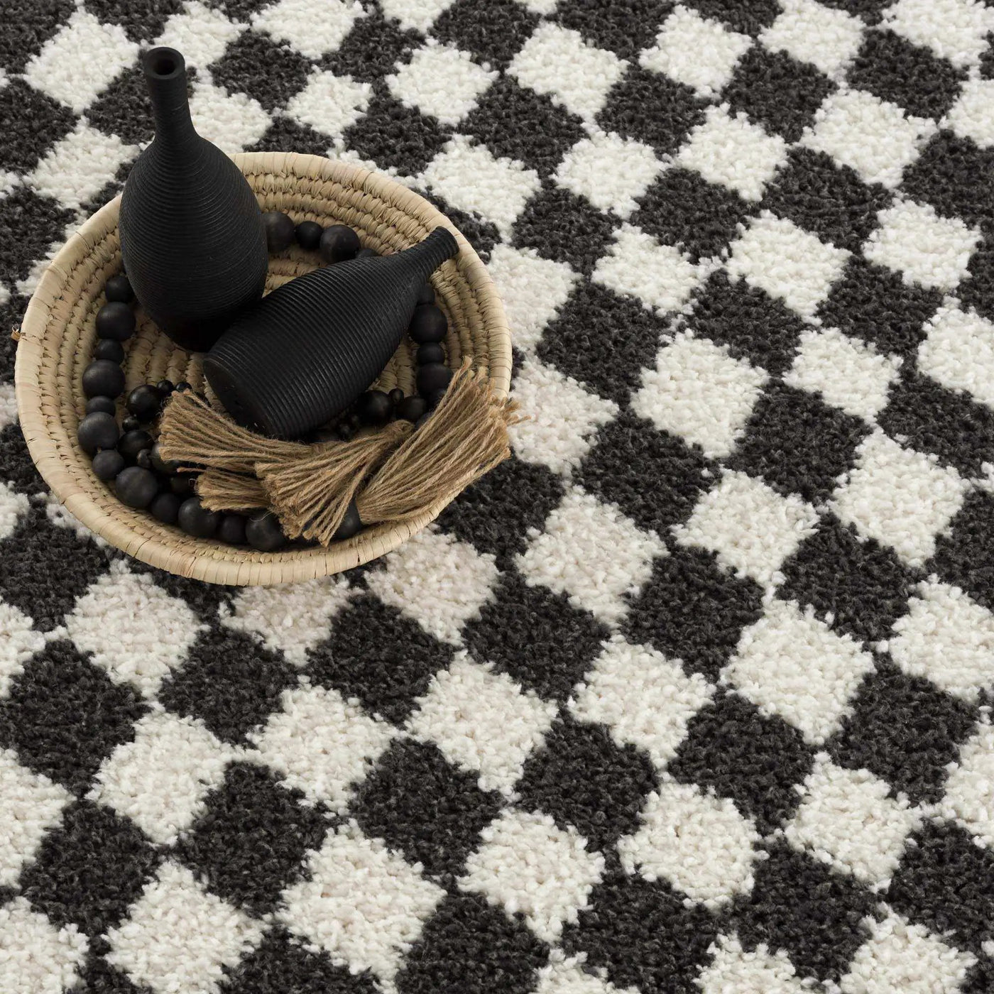 Kieu Black & White Checkered Shag Rug by Boutique Rugs