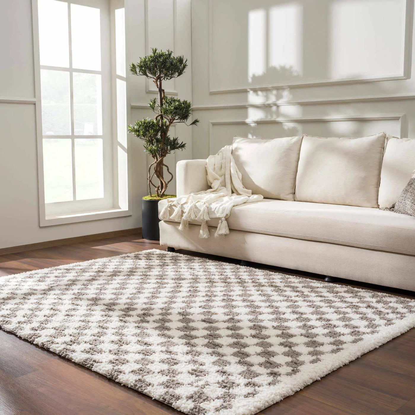 Kieu Taupe Checkered Plush Rug by Boutique Rugs