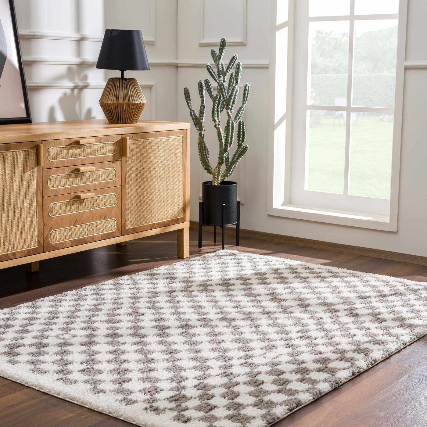 Kieu Taupe Checkered Plush Rug by Boutique Rugs