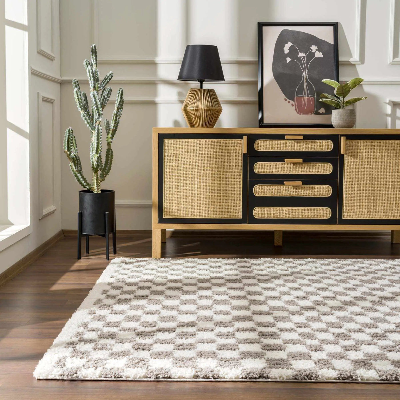 Kieu Taupe Checkered Plush Rug by Boutique Rugs