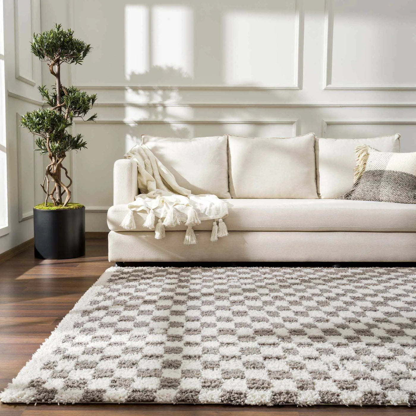 Kieu Taupe Checkered Plush Rug by Boutique Rugs