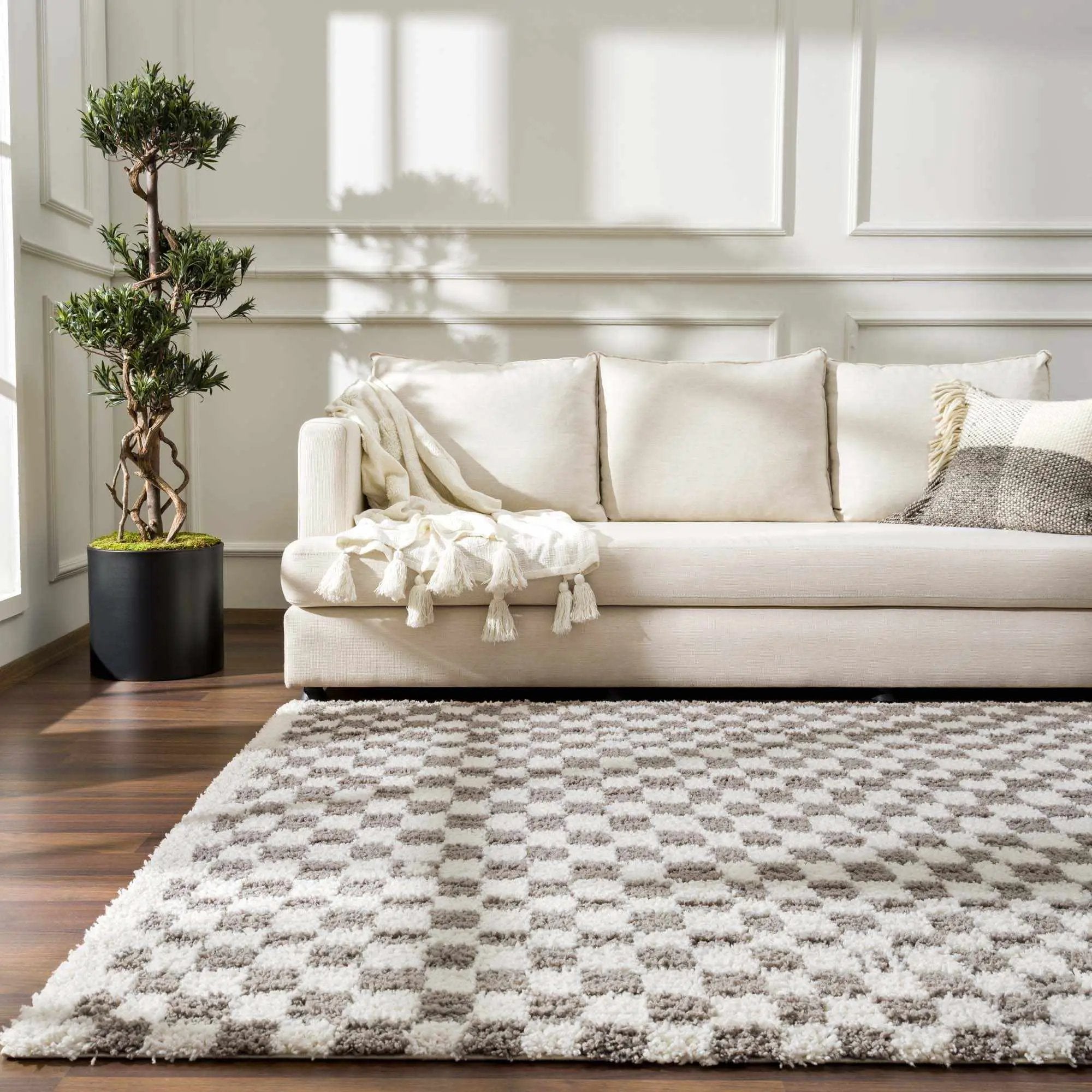 Kieu Taupe Checkered Plush Rug by Boutique Rugs