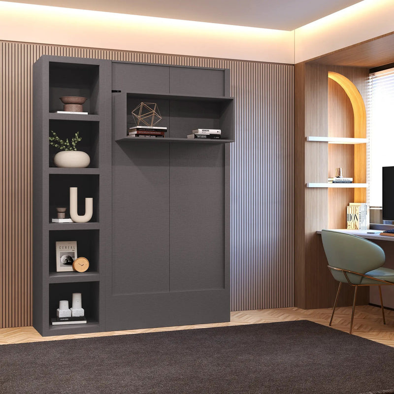 Easy-Lift Twin Murphy Wall Bed in Dark Grey with Bookshelf by Sharicks