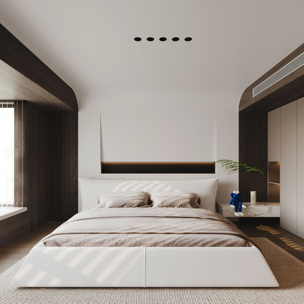 King Size Platform Bed With Special-Shaped Headboard in Cream, dimensions drawing