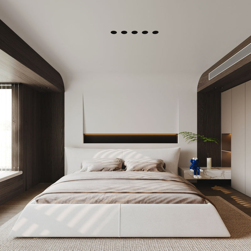 King Size Platform Bed With Special-Shaped Headboard in Cream, dimensions drawing