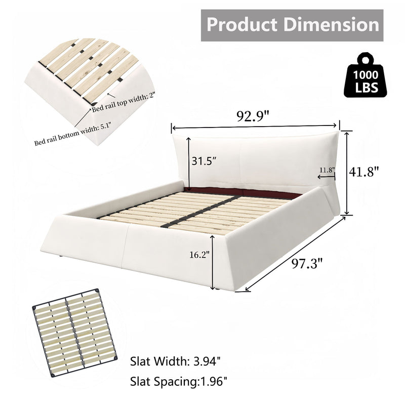 King Size Platform Bed With Special-Shaped Headboard in Cream, dimensions drawing