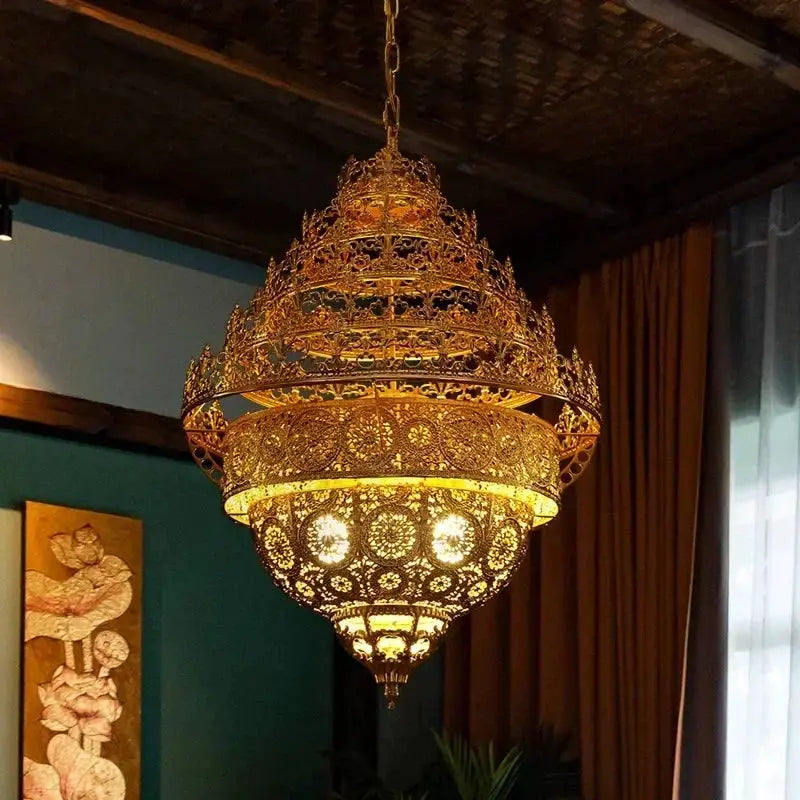 Bohemian Retro Chandelier Luxury Iron Golden Pendant Light Living Dining Hotel Coffee Shop Exhibition Hall Indoor Lamp by House Of Avana