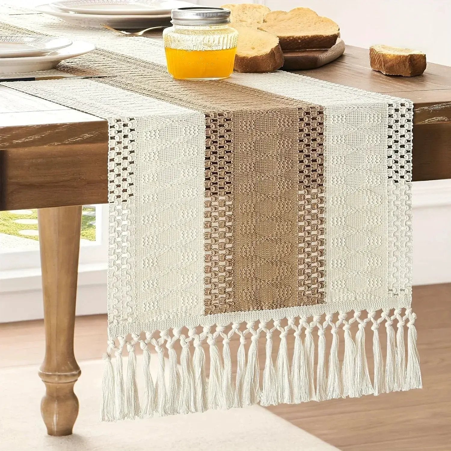 [Boho Chic Table Runner] Bohemian Chic Table Runner, 1pc Farmhouse Rustic Cream Brown Design | Macrame Crochet Polyester with Tassels - Infuses Boho Flair for Dining Room, Bedroom, Living Room Decor by House Of Avana