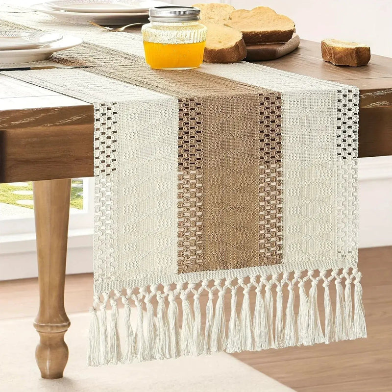 [Boho Chic Table Runner] Bohemian Chic Table Runner, 1pc Farmhouse Rustic Cream Brown Design | Macrame Crochet Polyester with Tassels - Infuses Boho Flair for Dining Room, Bedroom, Living Room Decor by House Of Avana