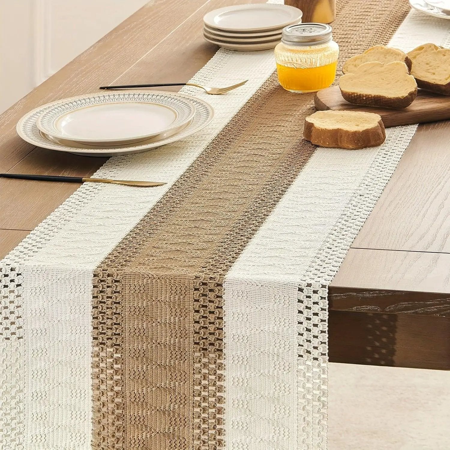 [Boho Chic Table Runner] Bohemian Chic Table Runner, 1pc Farmhouse Rustic Cream Brown Design | Macrame Crochet Polyester with Tassels - Infuses Boho Flair for Dining Room, Bedroom, Living Room Decor by House Of Avana