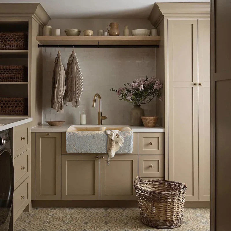 Botticino Beige Marble Farmhouse Apron Kitchen Double Sink (W)16" (L)32" (H)10" by GobekDesign