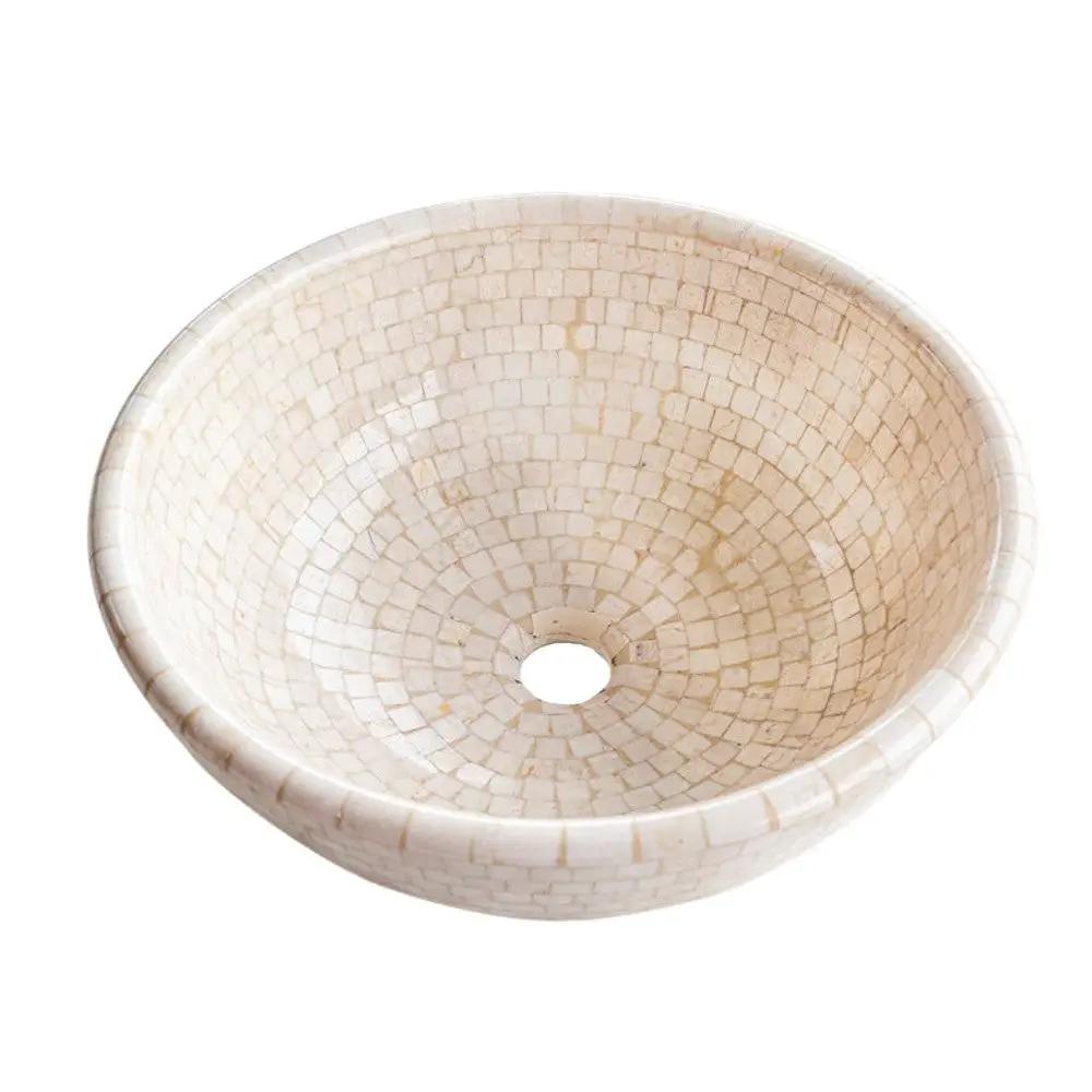 Botticino Marble Natural Stone Round Vessel Sink - 16 Inches Diameter x 6 Inches by GobekDesign