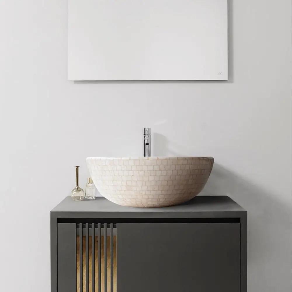 Botticino Marble Natural Stone Round Vessel Sink - 16 Inches Diameter x 6 Inches by GobekDesign