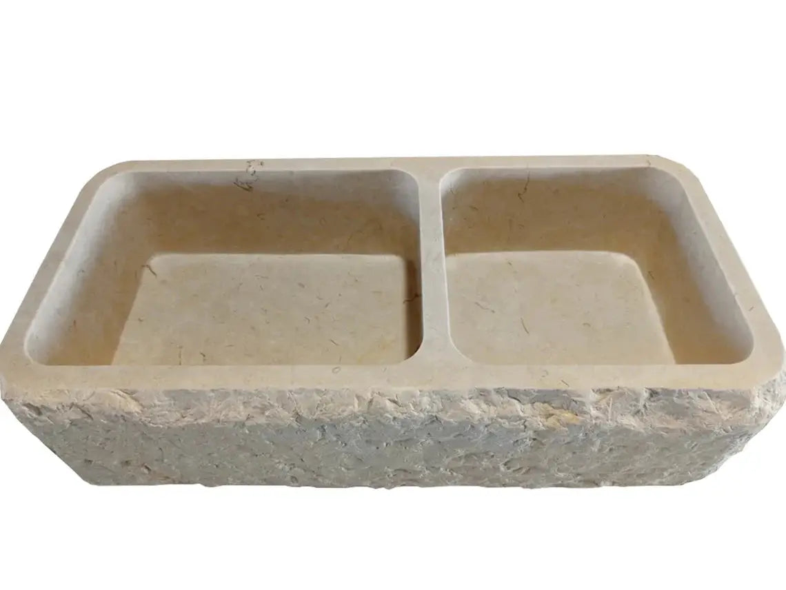 Botticino Beige Marble Farmhouse Apron Double Sink - 32x16x10 by GobekDesign