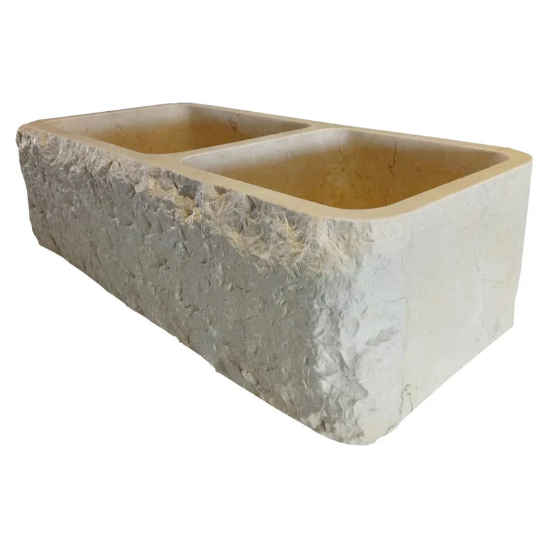 Botticino Beige Marble Farmhouse Apron Kitchen Double Sink (W)16" (L)32" (H)10" by GobekDesign