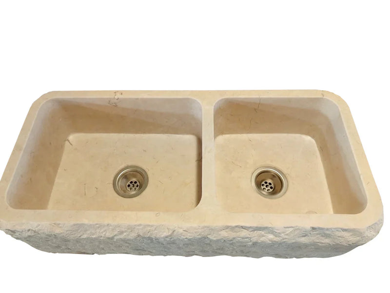 Botticino Beige Marble Farmhouse Apron Kitchen Double Sink (W)16" (L)32" (H)10" by GobekDesign