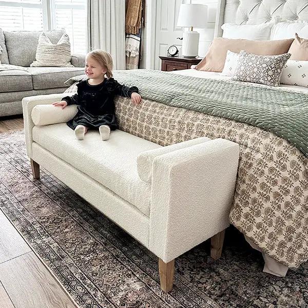 56 Inch Modern Boucle Accent Bench with Round Pillows by Decor Steals