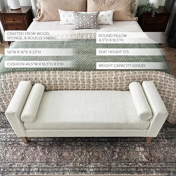 56 Inch Modern Boucle Accent Bench with Round Pillows by Decor Steals