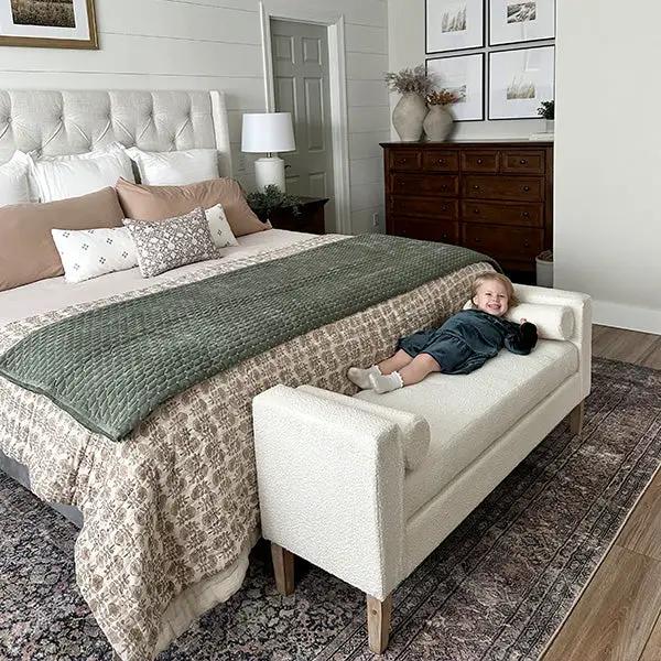 56 Inch Modern Boucle Accent Bench with Round Pillows by Decor Steals
