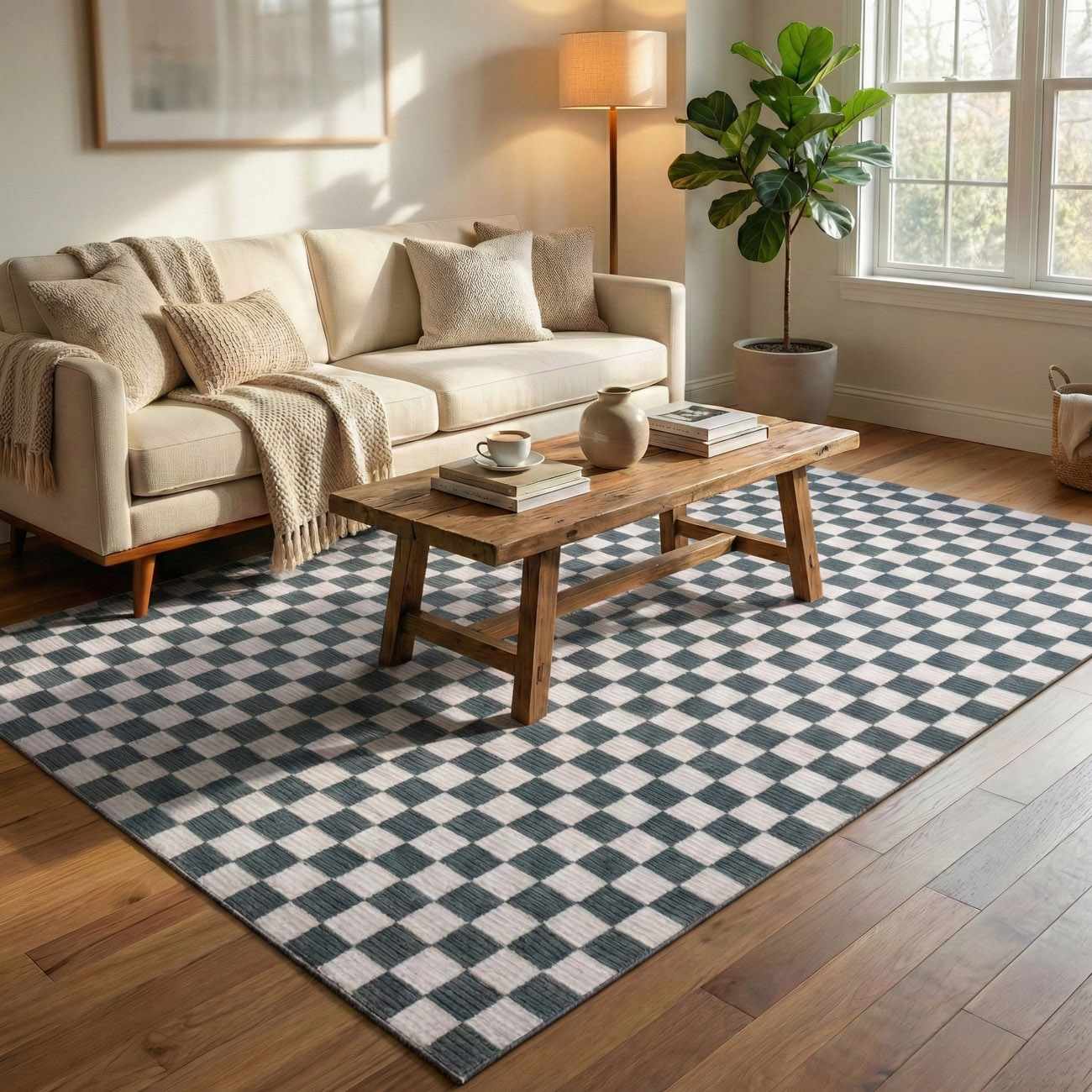 Kaysar Oil Green Checkered Washable Area Rug by Boutique Rugs