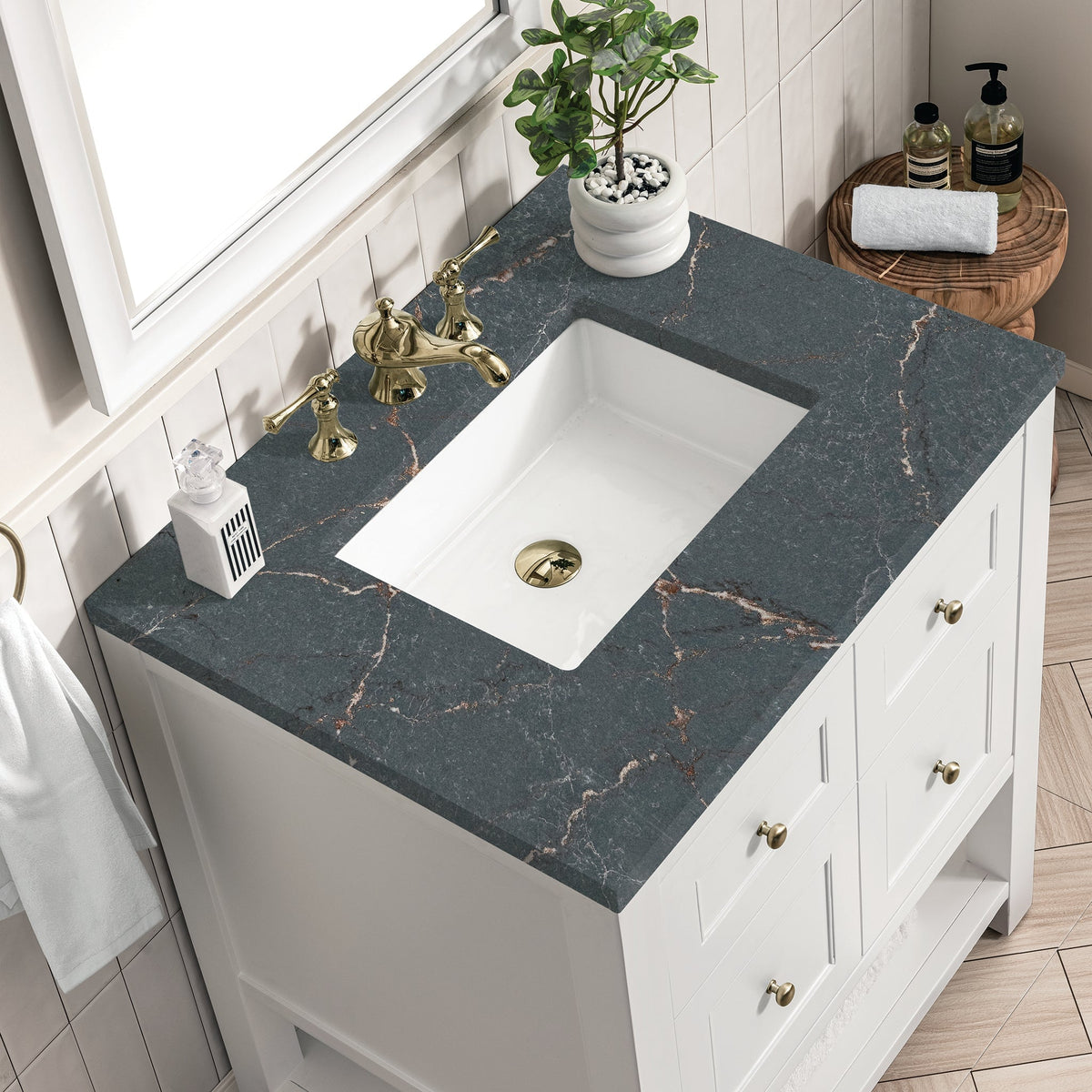 James Martin Breckenridge 30" Single Bathroom Vanity, Bright White with Parisien Bleu countertop