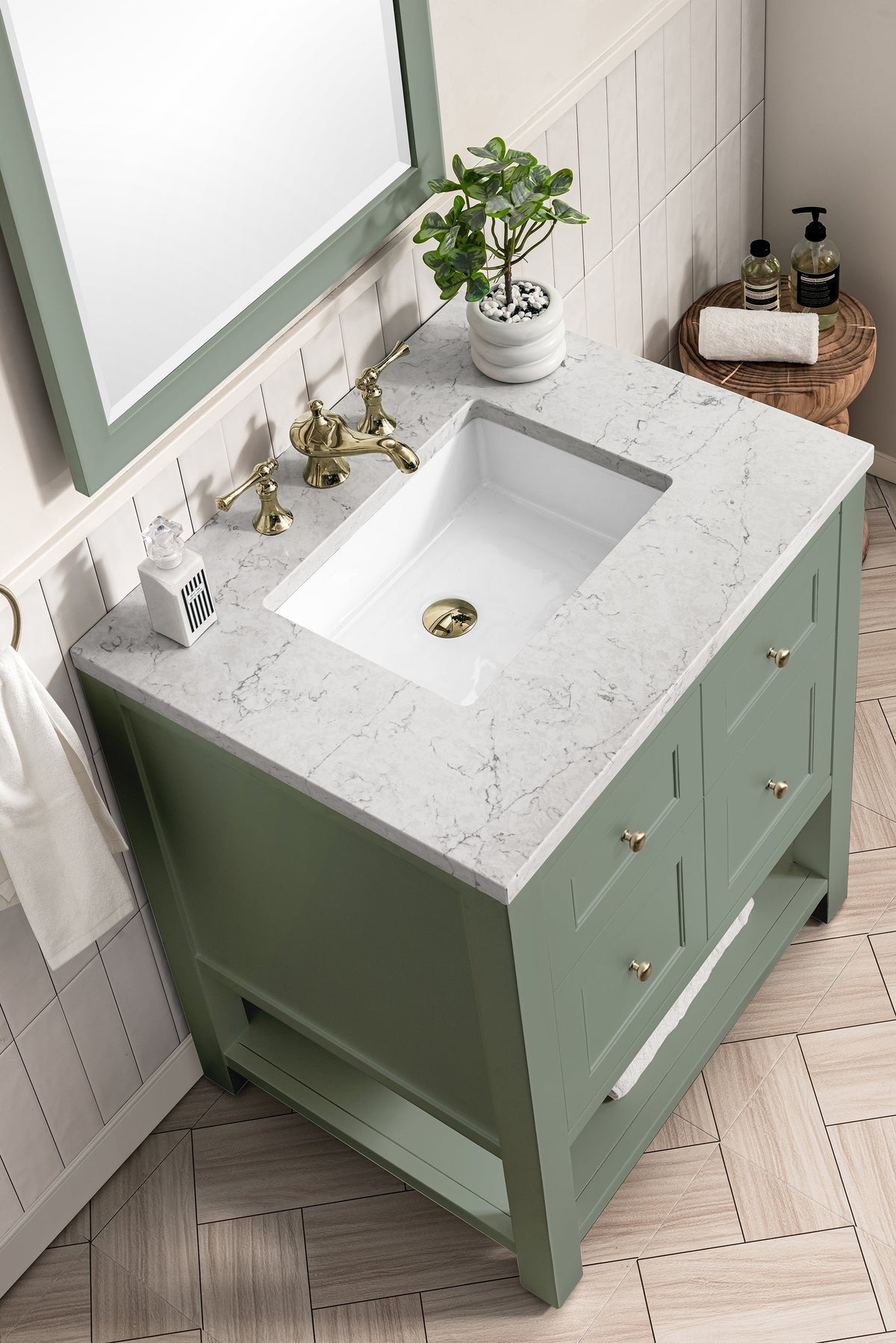 James Martin Breckenridge 30" Single Bathroom Vanity, Smokey Celadon with Eternal Jasmine Pearl countertop