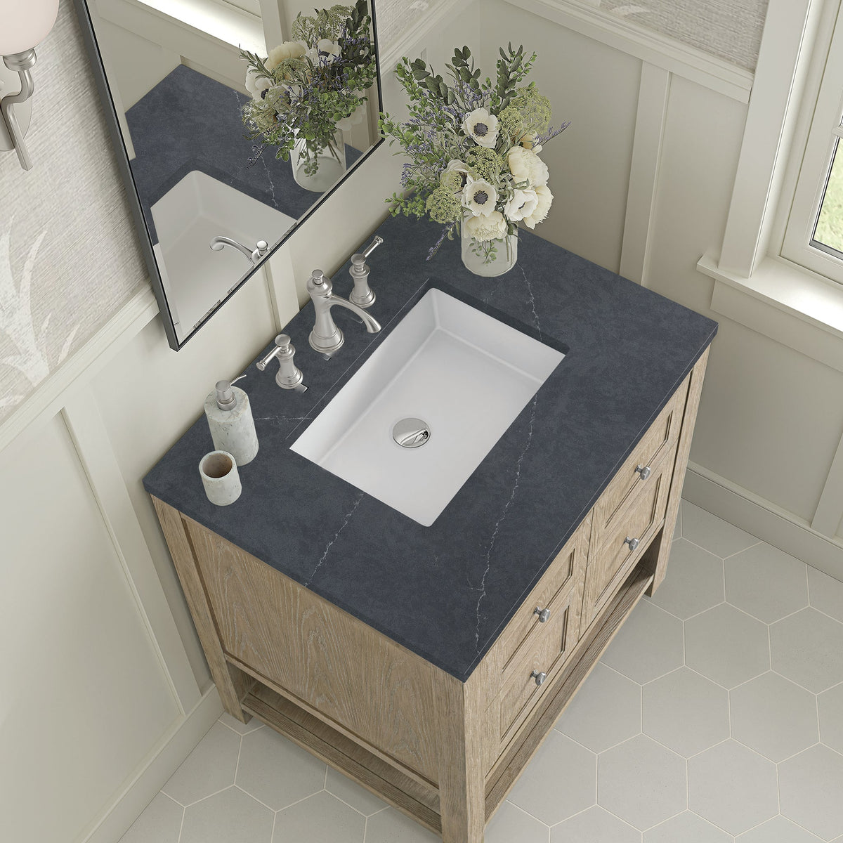 James Martin Breckenridge 30" Single Bathroom Vanity, Whitewashed Oak with Charcoal Soapstone countertop