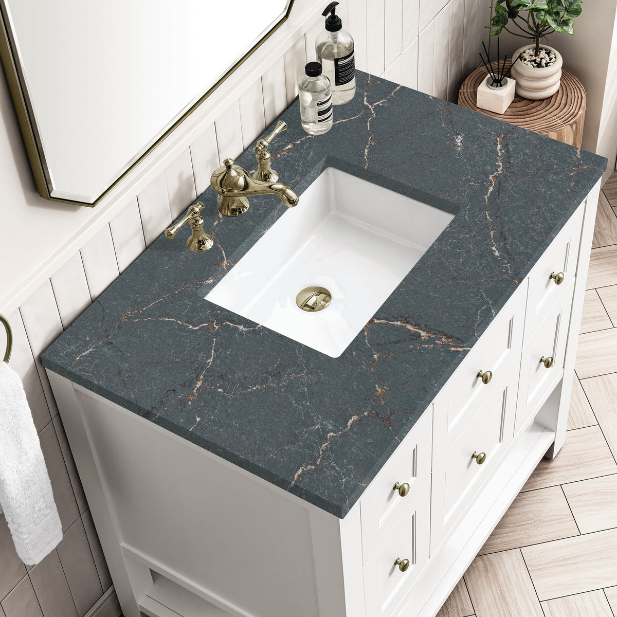 James Martin Breckenridge 36" Single Bathroom Vanity, Bright White with Parisien Bleu countertop