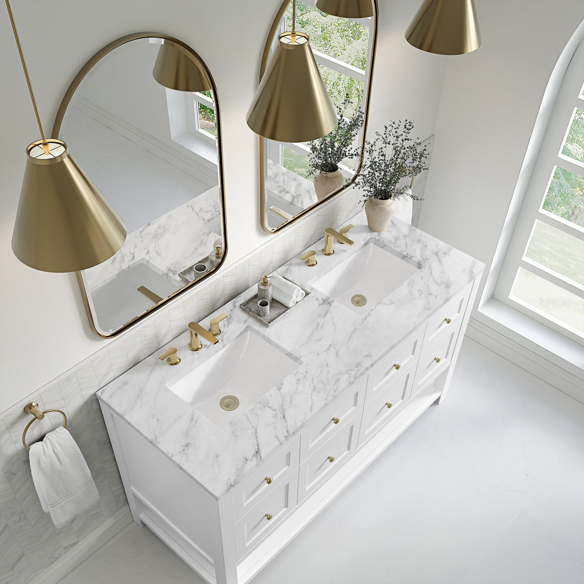 James Martin Breckenridge 60" Double Bathroom Vanity, Bright White with Carrara White countertop