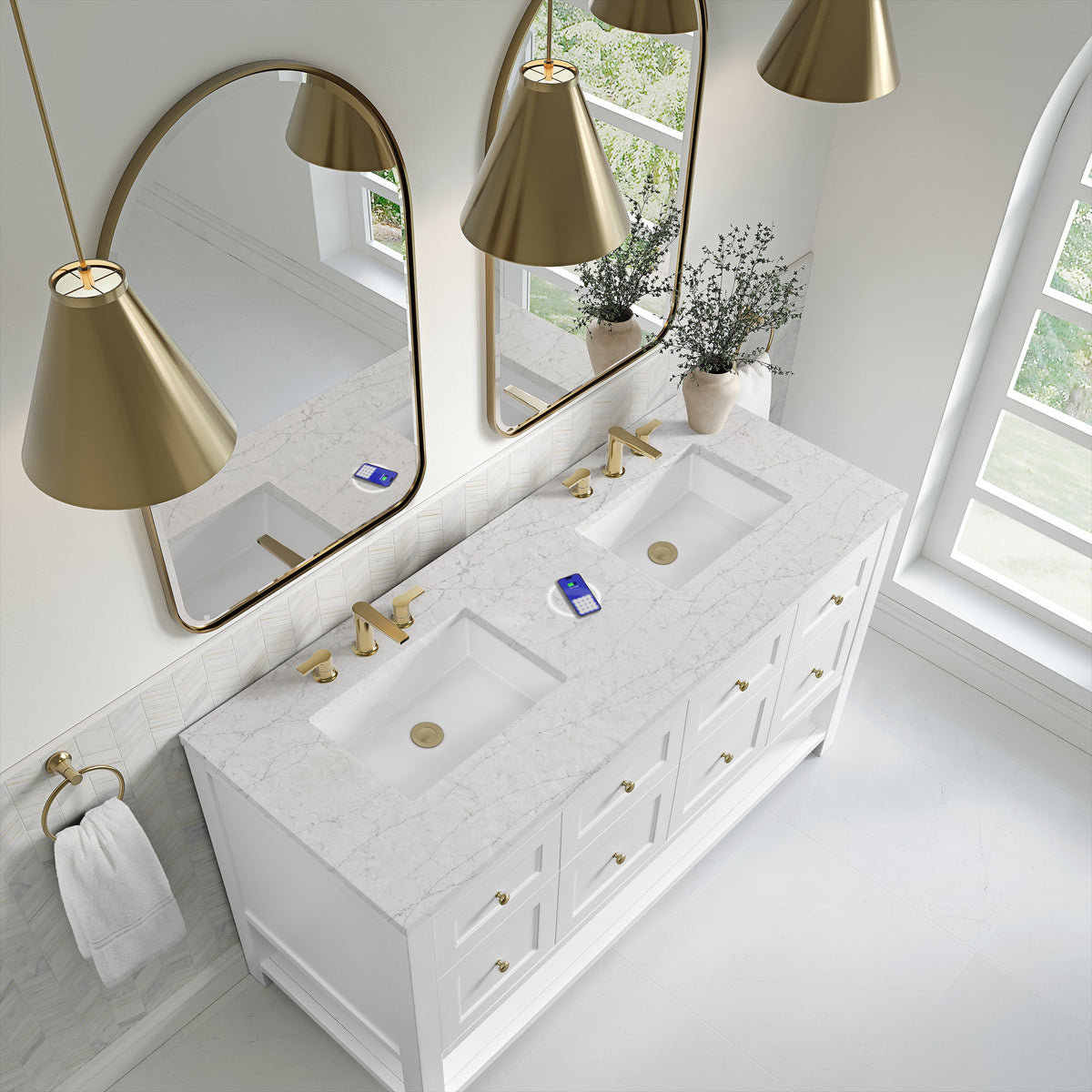 James Martin Breckenridge 60" Double Bathroom Vanity, Bright White with Eternal Jasmine Pearl (FreePower) countertop