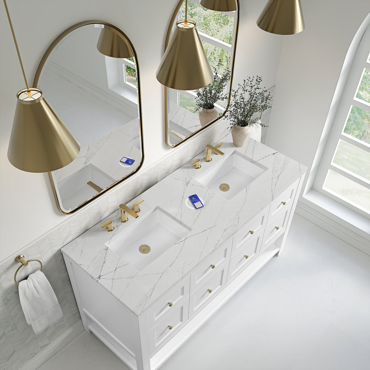 James Martin Breckenridge 60" Double Bathroom Vanity, Bright White with Ethereal Noctis (FreePower) countertop