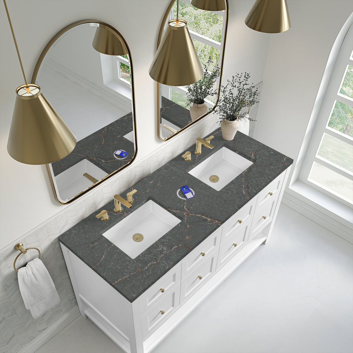 James Martin Breckenridge 60" Double Bathroom Vanity, Bright White with Parisien Bleu (FreePower) countertop