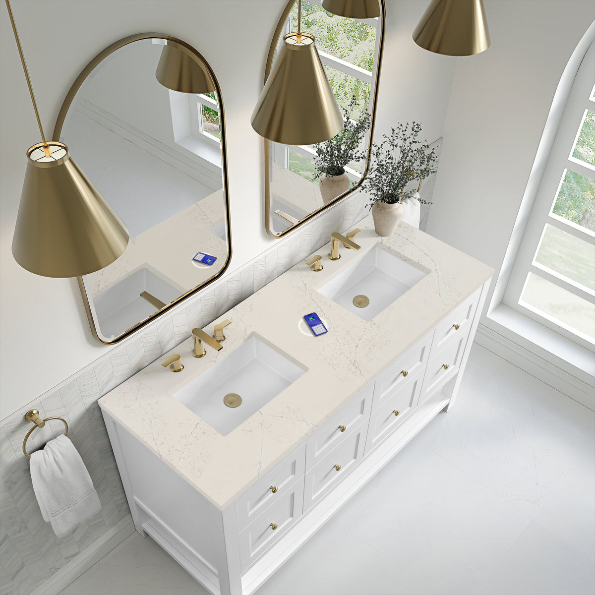 James Martin Breckenridge 60" Double Bathroom Vanity, Bright White with Siberian (FreePower) countertop