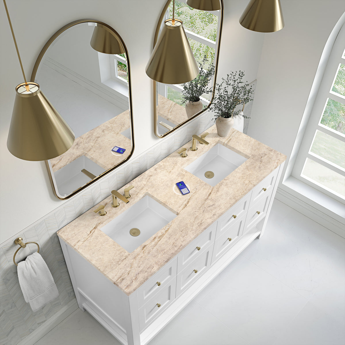 James Martin Breckenridge 60" Double Bathroom Vanity, Bright White with Tajnar (FreePower) countertop