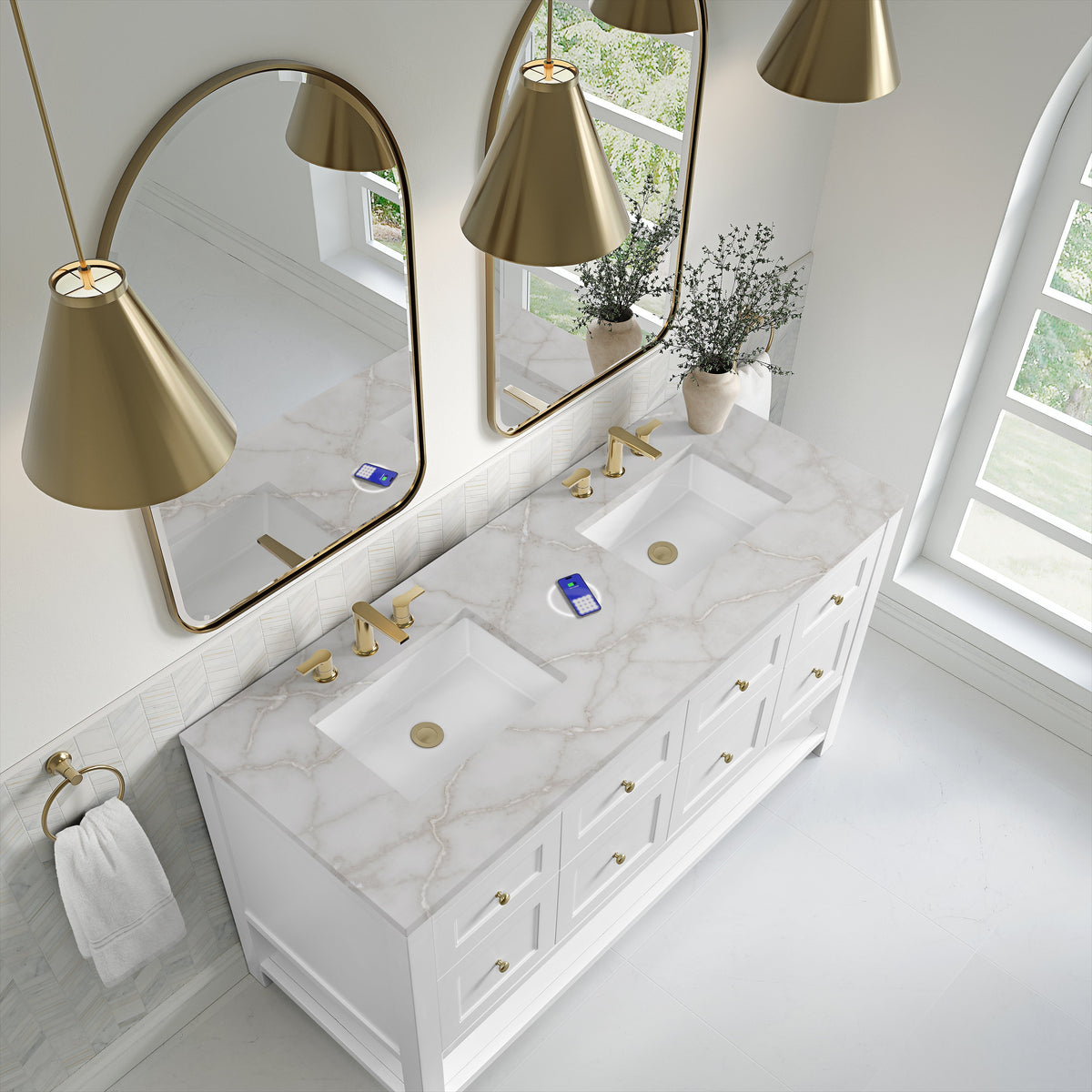 James Martin Breckenridge 60" Double Bathroom Vanity, Bright White with Victorian Silver (FreePower) countertop