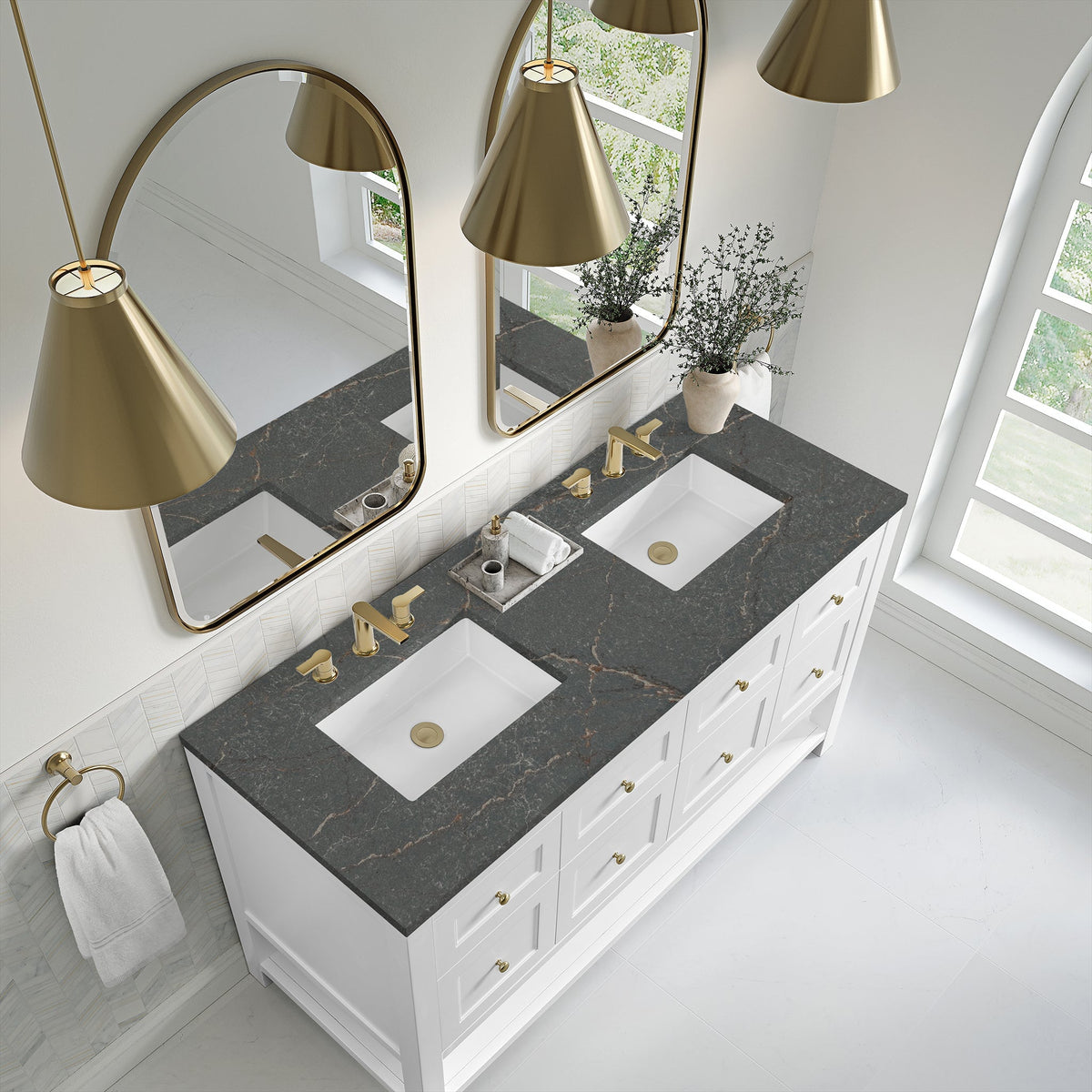 James Martin Breckenridge 60" Double Bathroom Vanity, Bright White with Parisien Bleu countertop