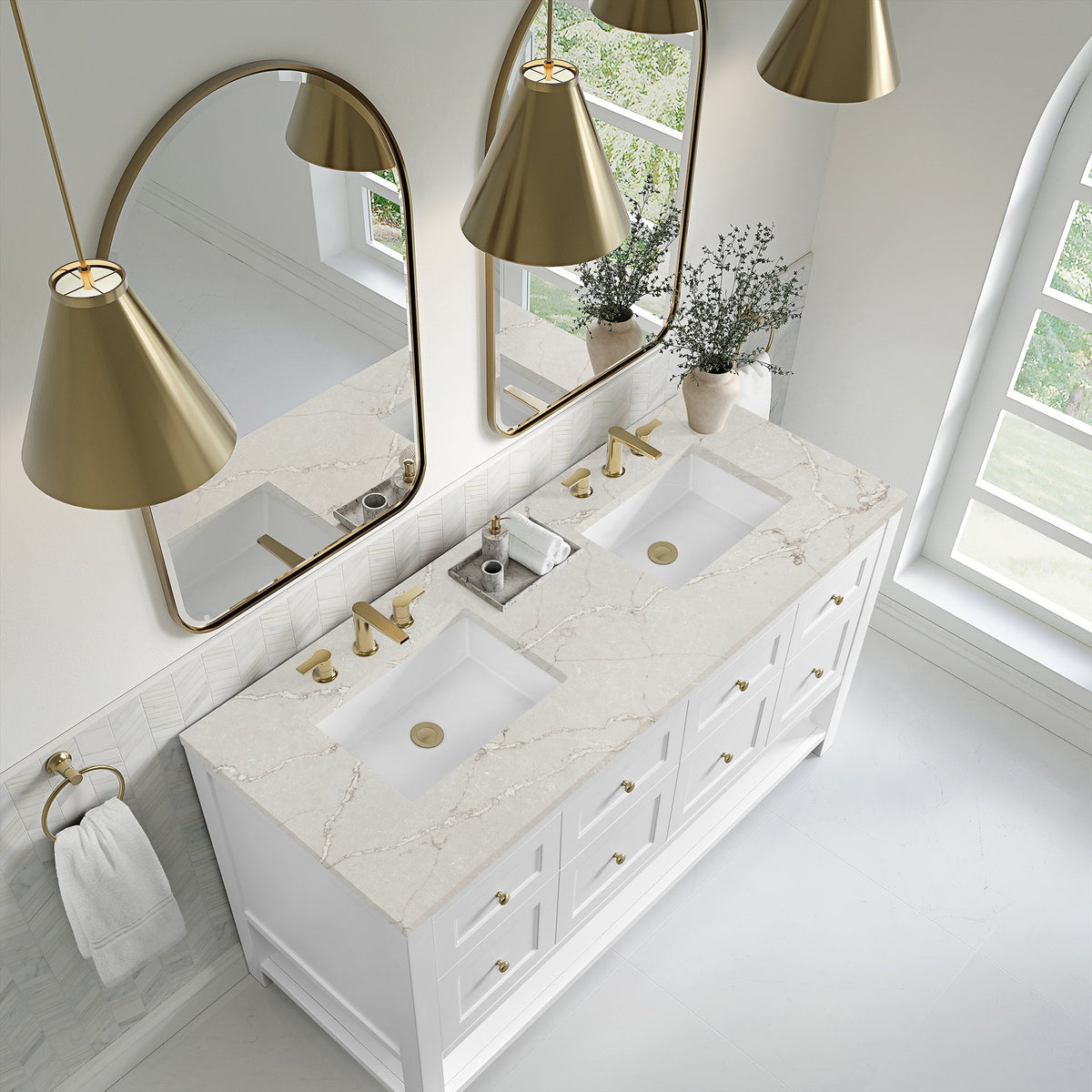 James Martin Breckenridge 60" Double Bathroom Vanity, Bright White with Victorian Silver countertop