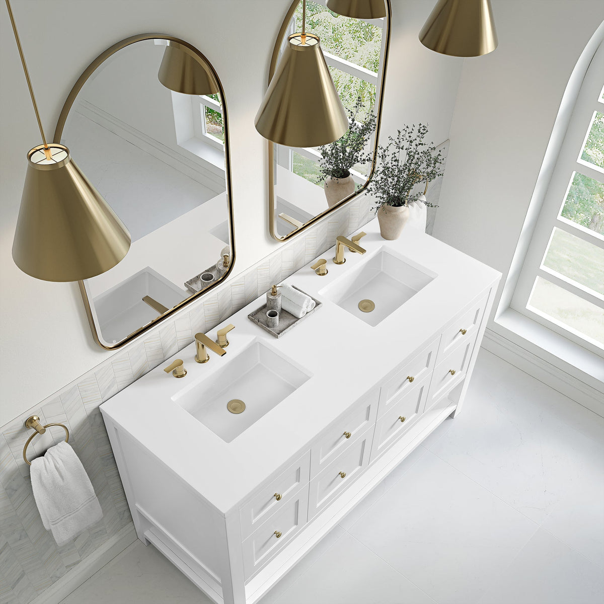 James Martin Breckenridge 60" Double Bathroom Vanity, Bright White with White Zeus countertop