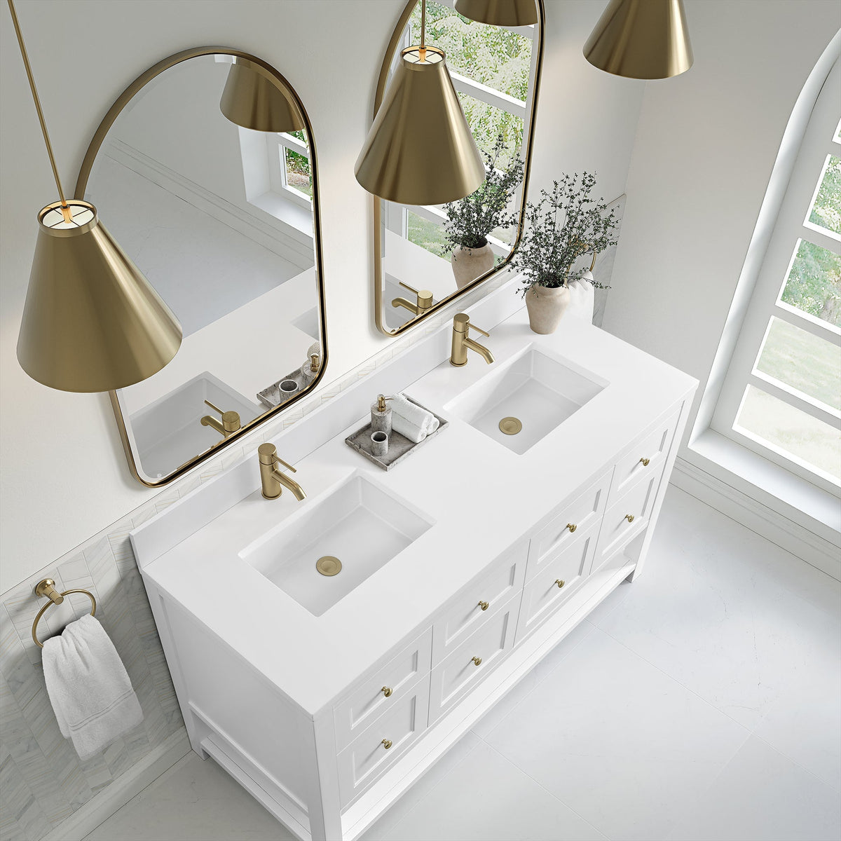 James Martin Breckenridge 60" Double Bathroom Vanity, Bright White with White Zeus (Single Hole, with Backsplash) countertop