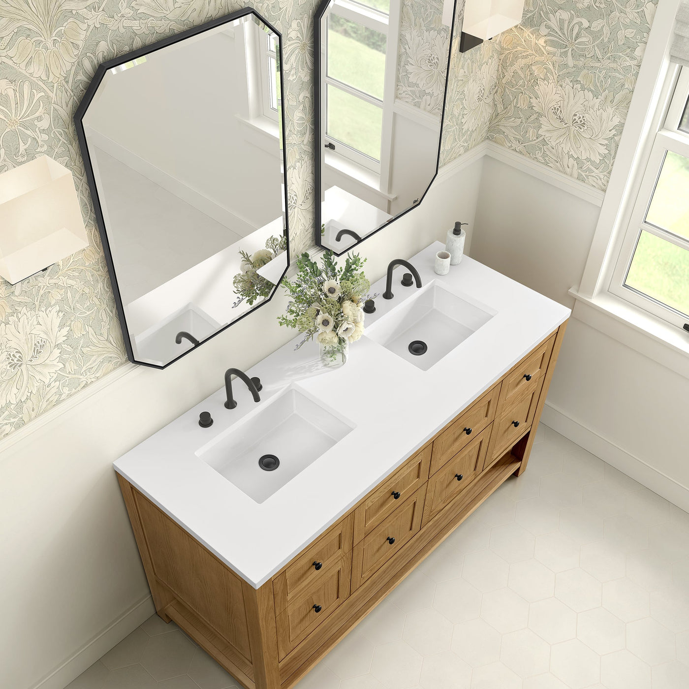 James Martin Breckenridge 60" Double Bathroom Vanity, Light Natural Oak with White Zeus countertop