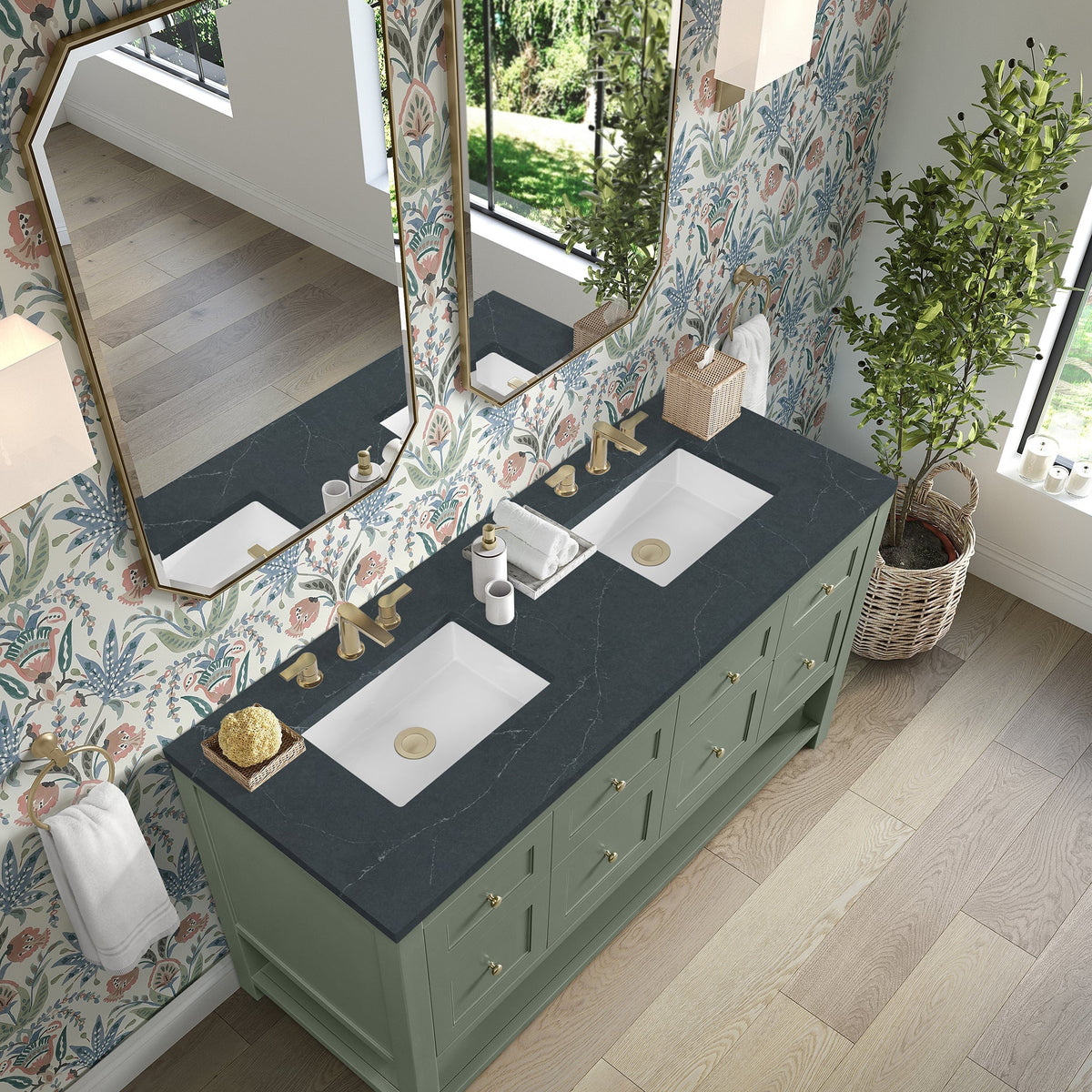 James Martin Breckenridge 60" Double Bathroom Vanity, Smokey Celadon with Charcoal Soapstone countertop