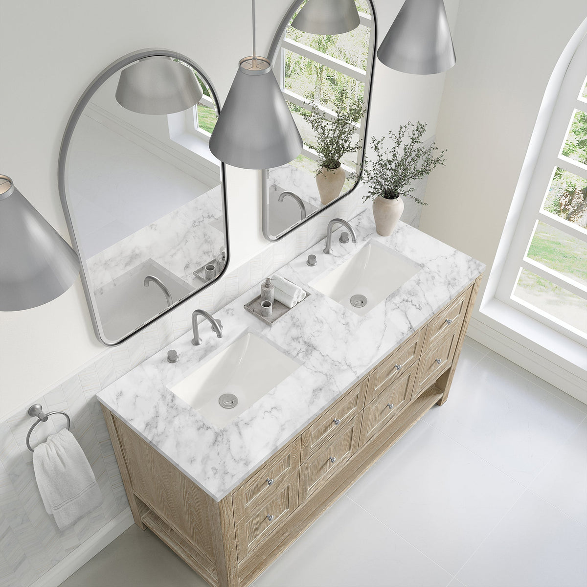 James Martin Breckenridge 60" Double Bathroom Vanity, Whitewashed Oak with Carrara White countertop